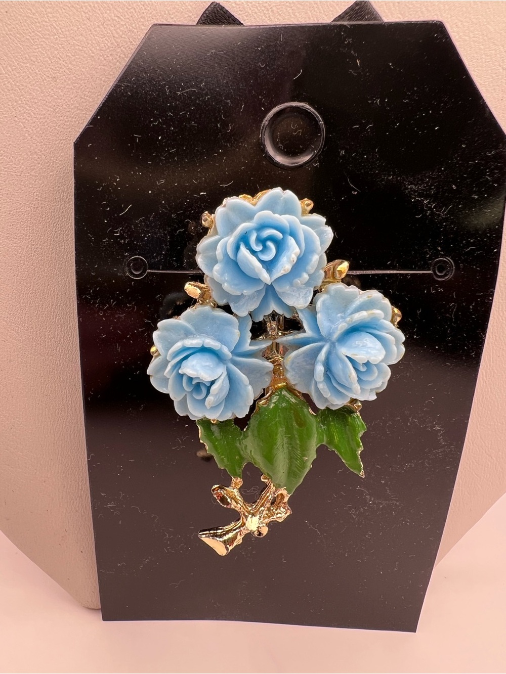 Gold-Tone Blue Rose Bouquet Brooch with Green Leaves